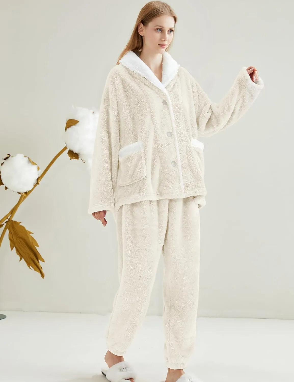Gihuo Womens Pajamas Set Fluffy 2 Piece Pjs Fuzzy Top Pants Loose Coral Fleece Loungewear Sleepwear Winter Warm Pj