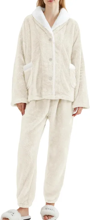 Gihuo Womens Pajamas Set Fluffy 2 Piece Pjs Fuzzy Top Pants Loose Coral Fleece Loungewear Sleepwear Winter Warm Pj