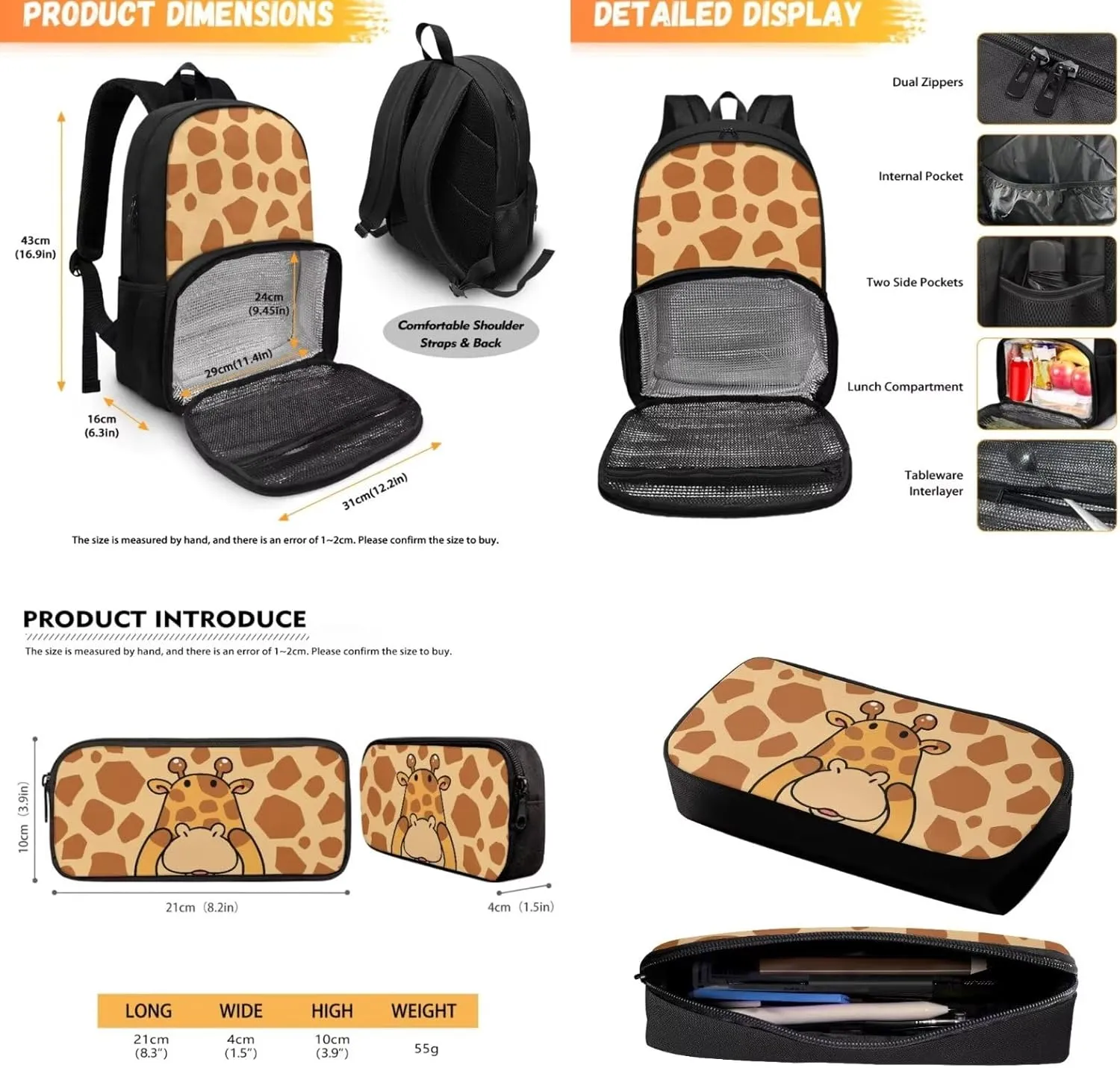 Giraffe Backpacks for School Lunch Bag Cooler Backpack School Bookbag with Insulated Cooler Compartment, Laptop Backpack for Preschool Elementary Kindergarten School