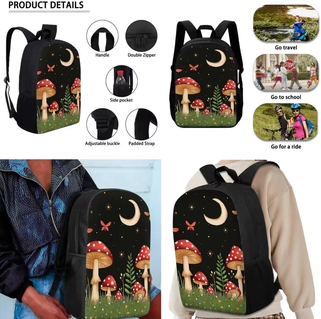 Girls Backpack With Lunch Box Pencil Case For Elementary School 3 In 1 Butterfly Mushroom Moon Print Book Bag Set For Kids Teens