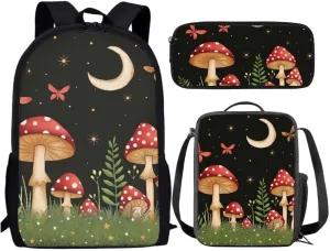 Girls Backpack With Lunch Box Pencil Case For Elementary School 3 In 1 Butterfly Mushroom Moon Print Book Bag Set For Kids Teens