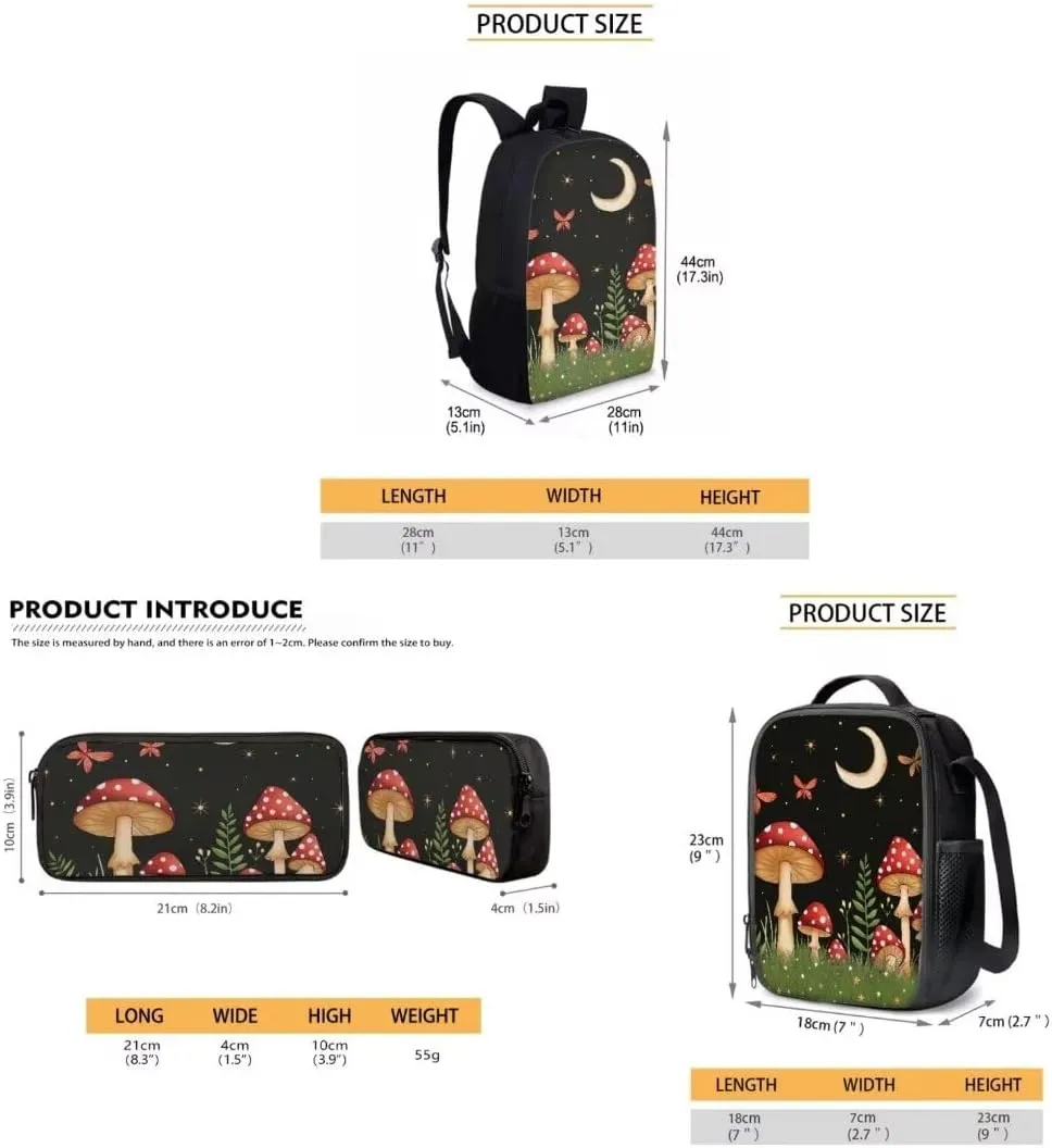 Girls Backpack With Lunch Box Pencil Case For Elementary School 3 In 1 Butterfly Mushroom Moon Print Book Bag Set For Kids Teens