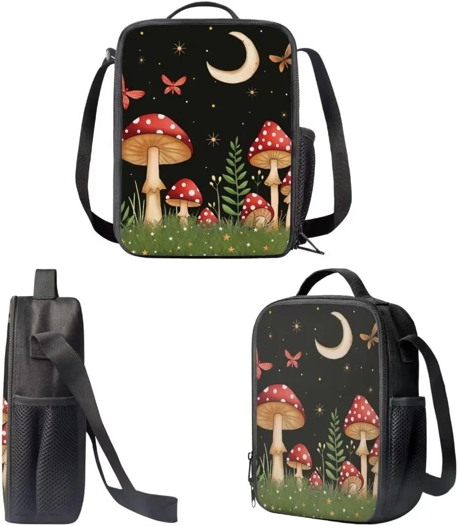 Girls Backpack With Lunch Box Pencil Case For Elementary School 3 In 1 Butterfly Mushroom Moon Print Book Bag Set For Kids Teens