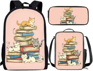 Girls Cute School Bag Sets Of 3 Piece Cartoon Cats Books Print Preschool Elementary Student Backpack With Lunch Box Pencil Case