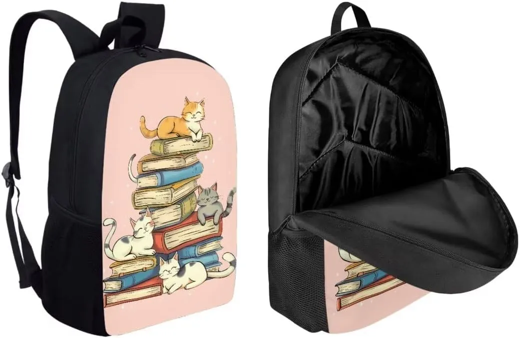 Girls Cute School Bag Sets Of 3 Piece Cartoon Cats Books Print Preschool Elementary Student Backpack With Lunch Box Pencil Case