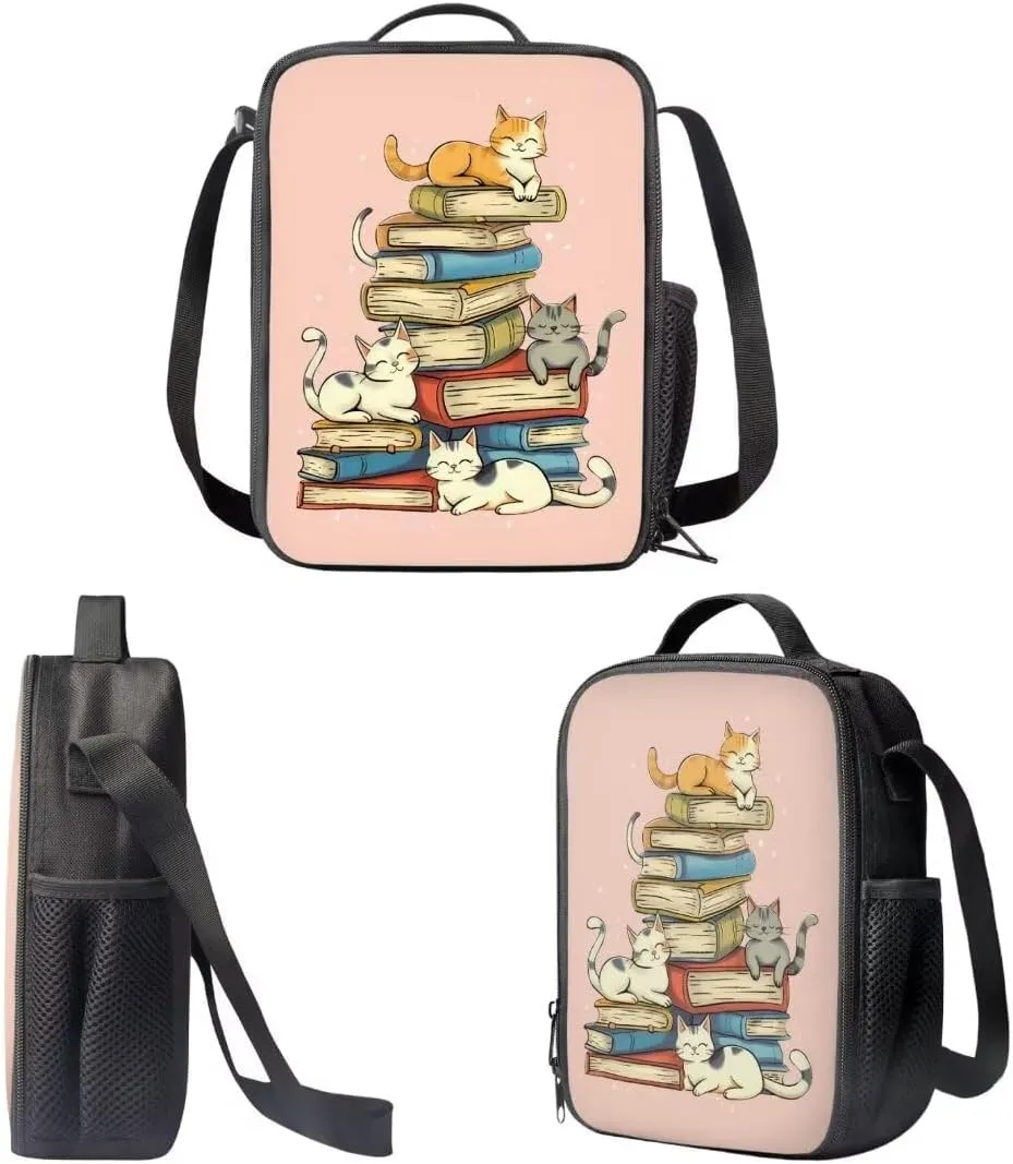 Girls Cute School Bag Sets Of 3 Piece Cartoon Cats Books Print Preschool Elementary Student Backpack With Lunch Box Pencil Case
