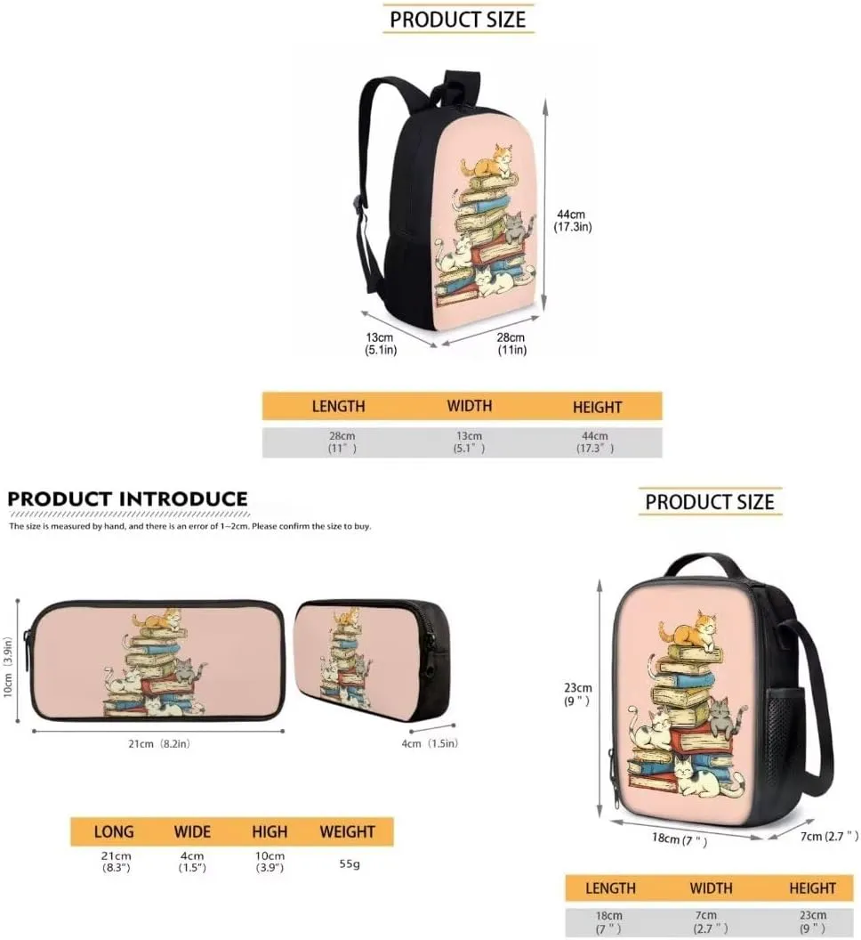 Girls Cute School Bag Sets Of 3 Piece Cartoon Cats Books Print Preschool Elementary Student Backpack With Lunch Box Pencil Case