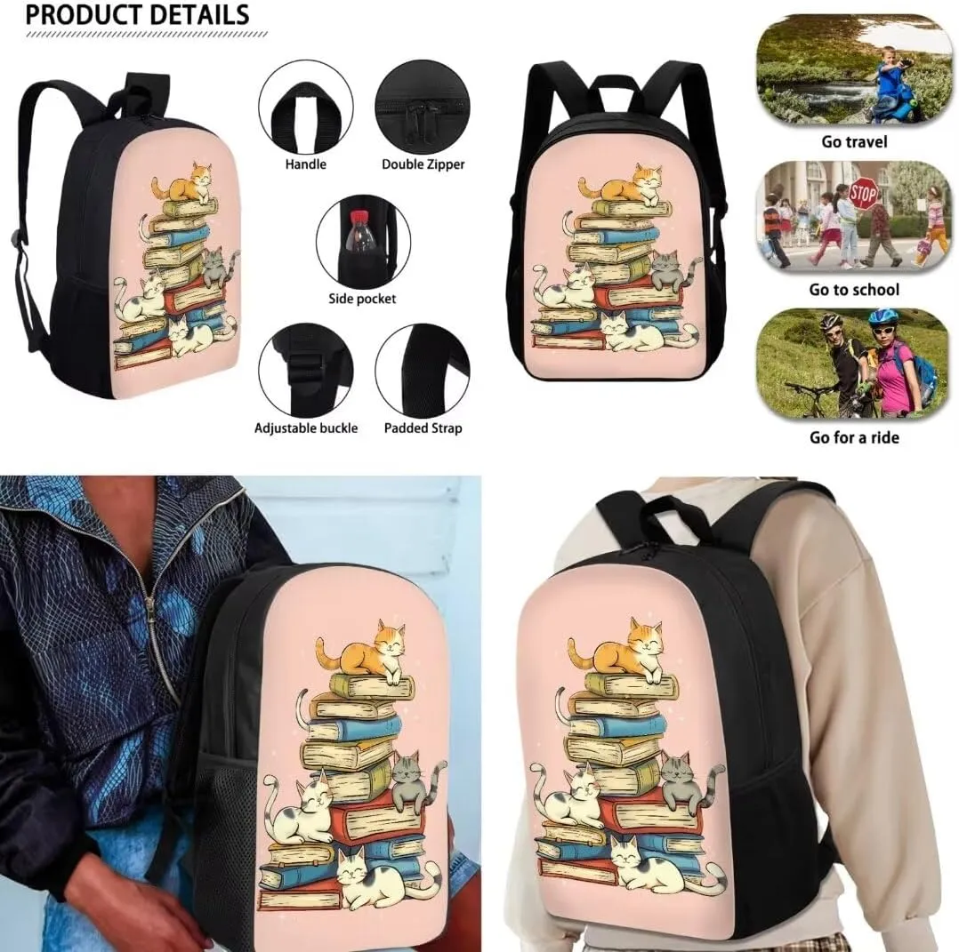 Girls Cute School Bag Sets Of 3 Piece Cartoon Cats Books Print Preschool Elementary Student Backpack With Lunch Box Pencil Case