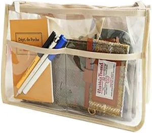 Handbag Organizer Clear Cosmetic Gadget Insert See Through Purse Organiser Transparent Makeup Travel Pouch Liner with Handle (Beige, 11(L) x6.5(W) x4(D))