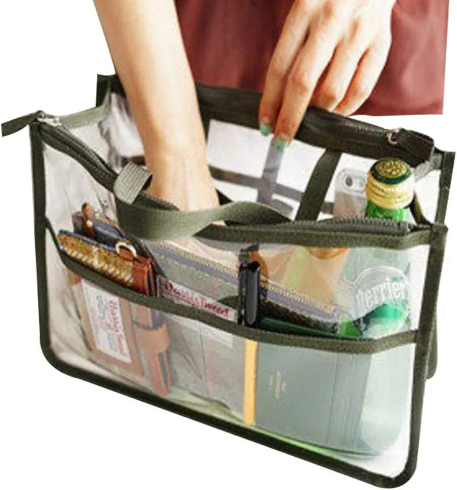 Handbag Organizer Clear Cosmetic Gadget Insert See Through Purse Organiser Transparent Makeup Travel Pouch Liner with Handle (Green, 11(L) x6.5(W) x4(D))