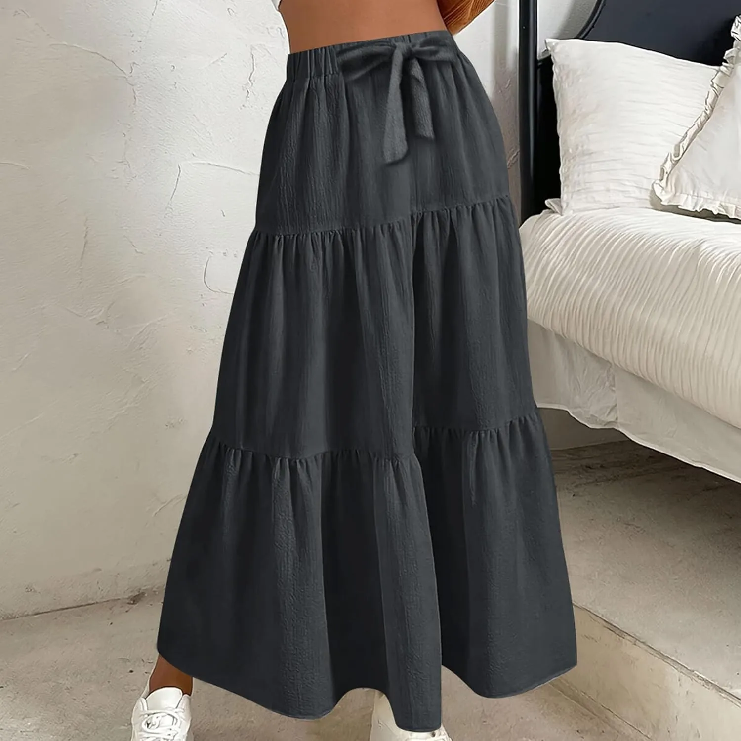 HGps8w Women's Boho Linen Flowy Maxi Skirt, Trendy Casual 2025 Summer Tiered A Line Elastic Waist Pleated Long Beach Skirts