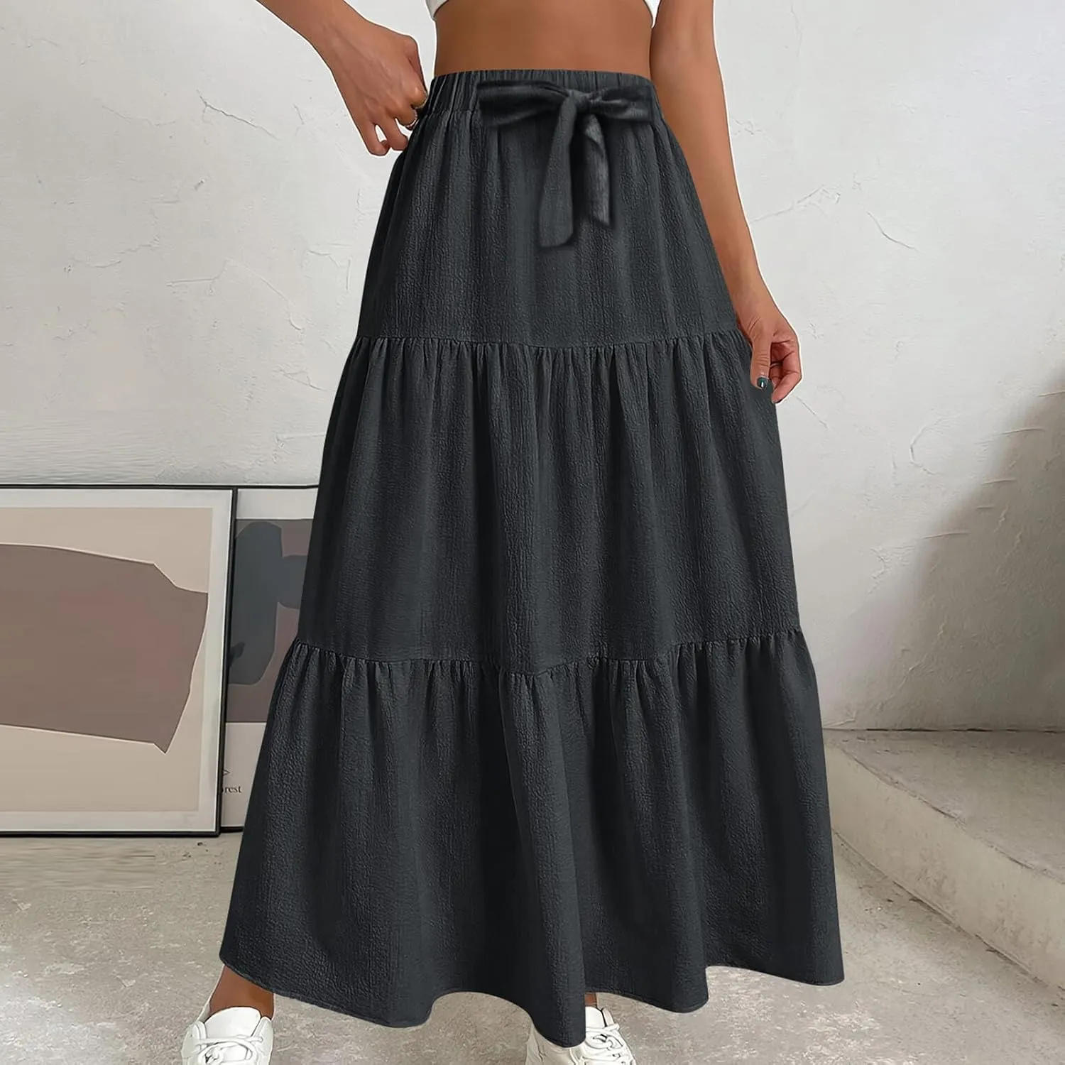 HGps8w Women's Boho Linen Flowy Maxi Skirt, Trendy Casual 2025 Summer Tiered A Line Elastic Waist Pleated Long Beach Skirts