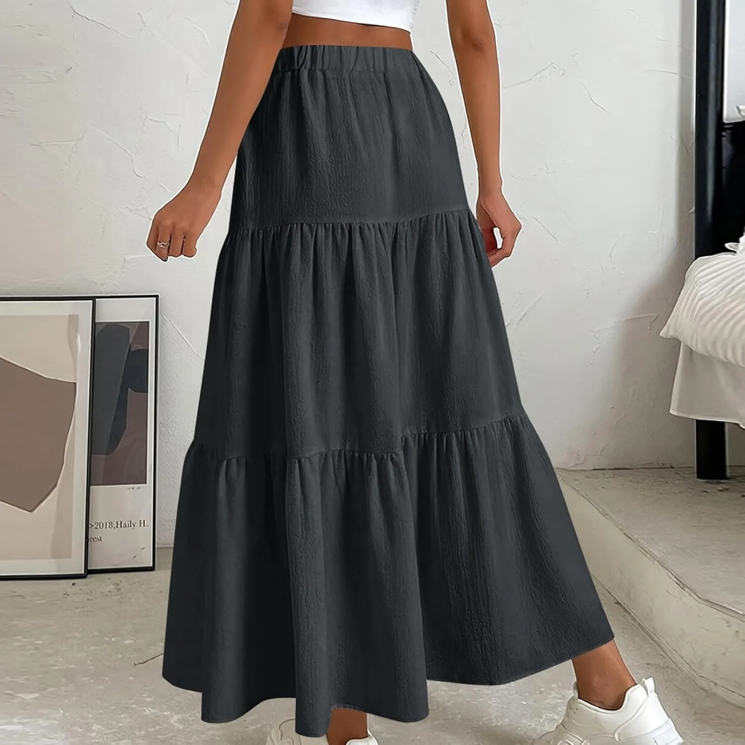 HGps8w Women's Boho Linen Flowy Maxi Skirt, Trendy Casual 2025 Summer Tiered A Line Elastic Waist Pleated Long Beach Skirts