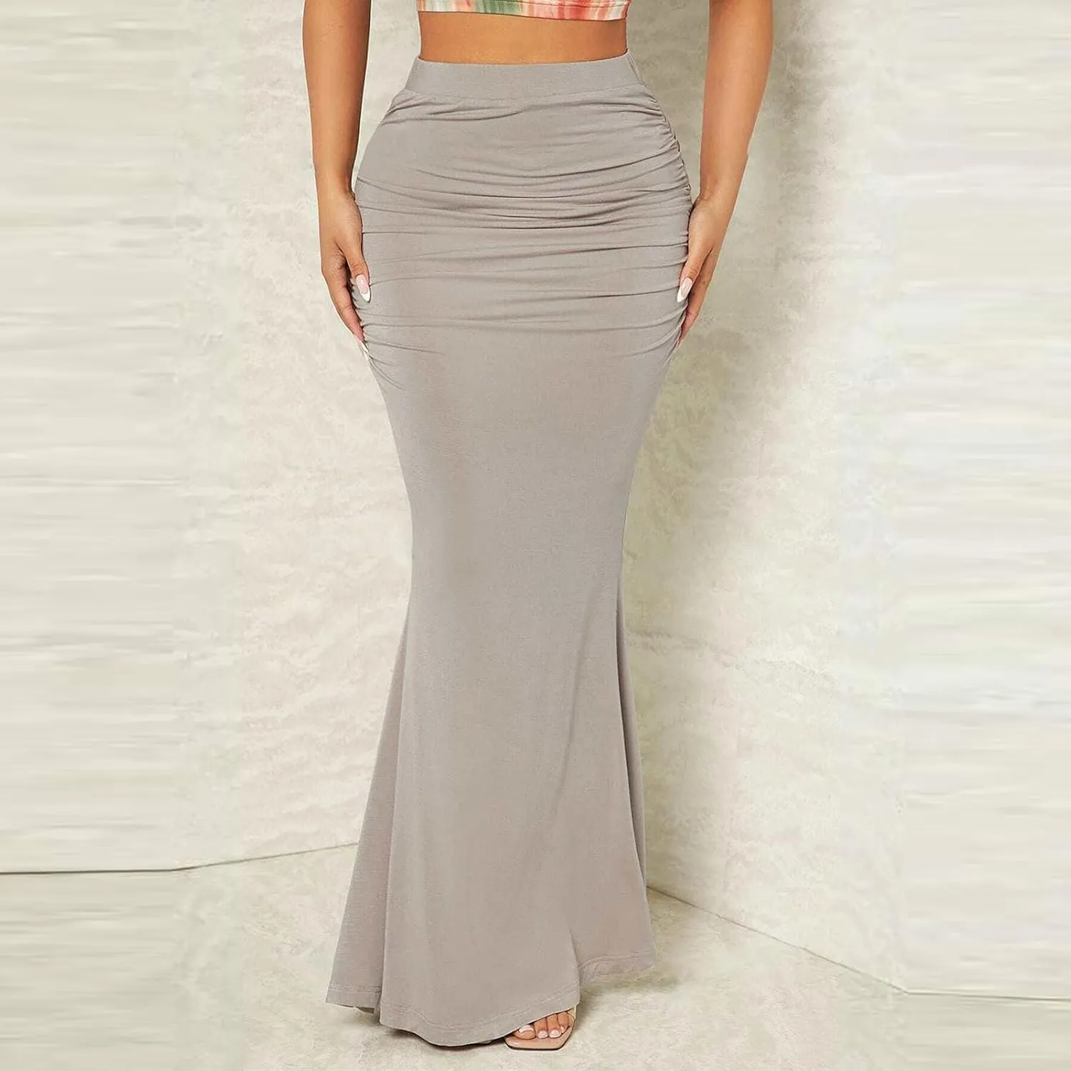 HGps8w Women's Fitted Mermaid Skirt 2025 Summer Sexy Ruched High Waisted Maxi Long Bodycon Going Out Club Skirts