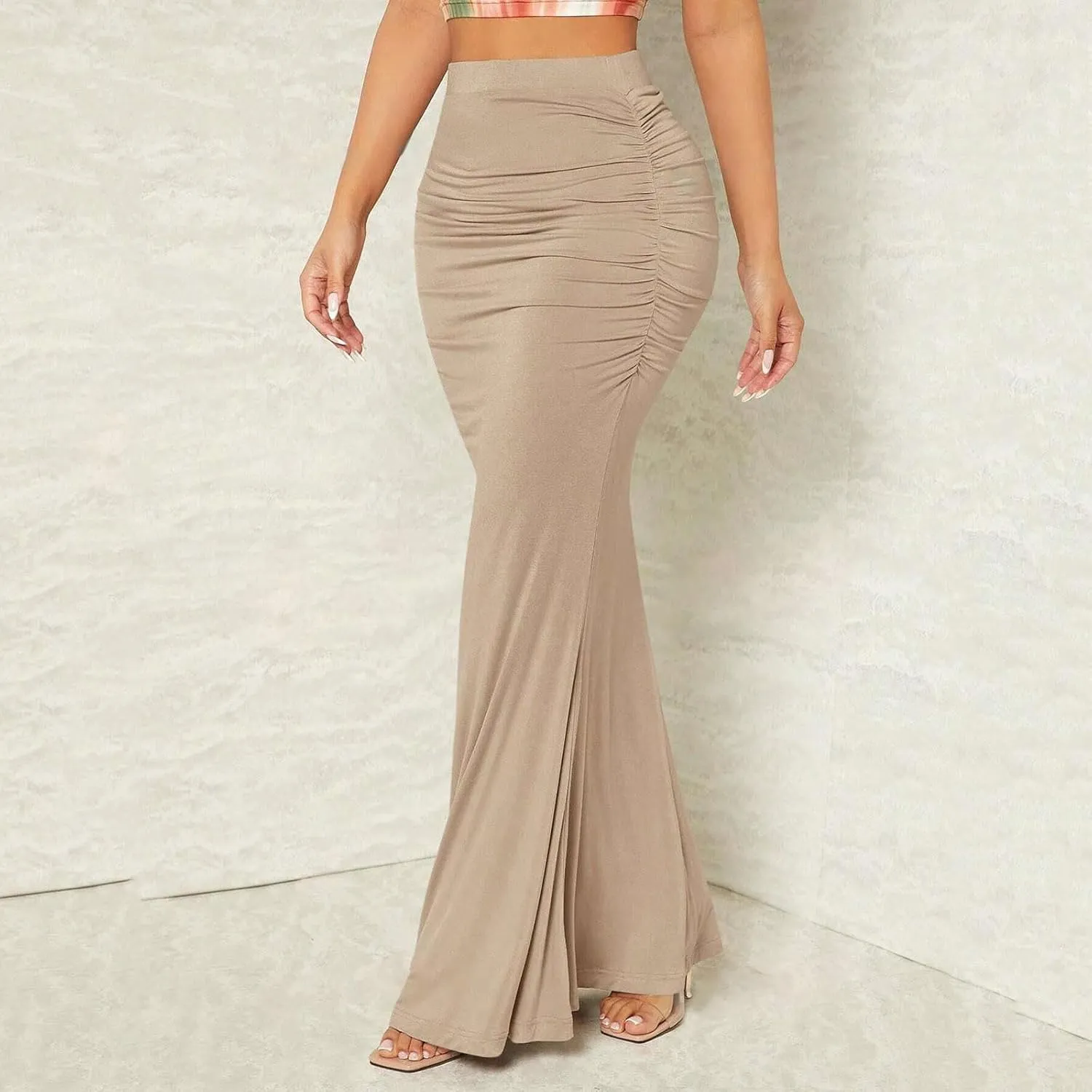 HGps8w Women's Fitted Mermaid Skirt 2025 Summer Sexy Ruched High Waisted Maxi Long Bodycon Going Out Club Skirts