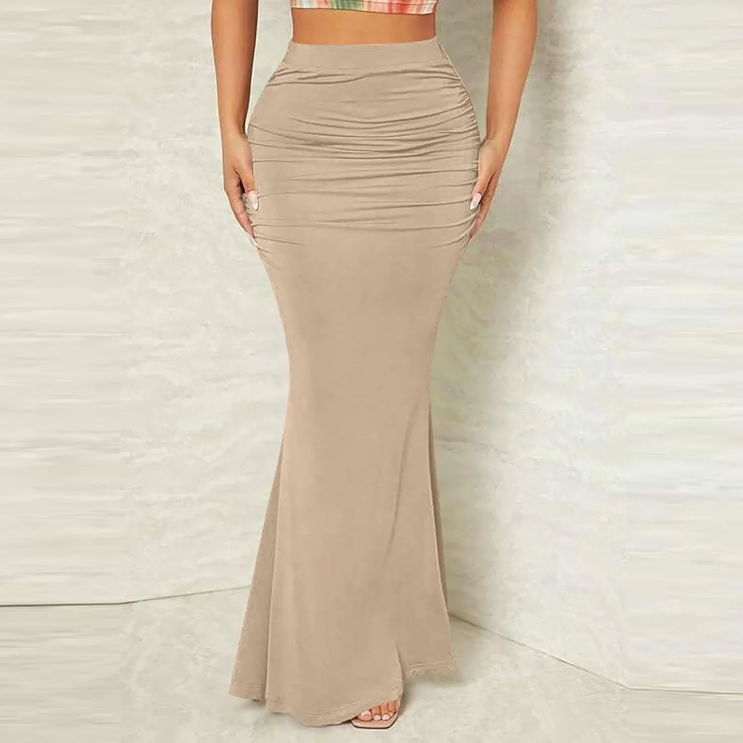 HGps8w Women's Fitted Mermaid Skirt 2025 Summer Sexy Ruched High Waisted Maxi Long Bodycon Going Out Club Skirts