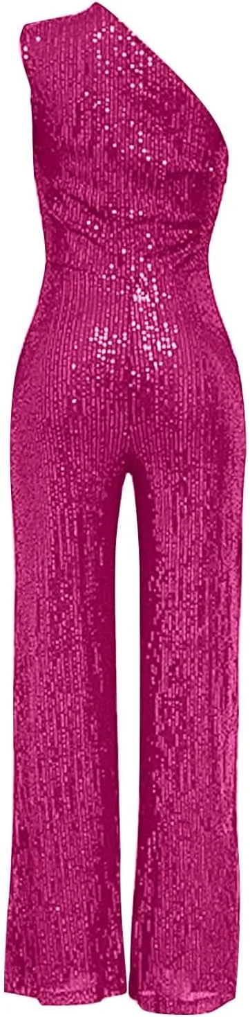 HGps8w Women's Sparkly One Shoulder Jumpsuits Elegant Sequins Sleeveless Bodycon Wide Leg Pants Rompers Sexy Clubwear
