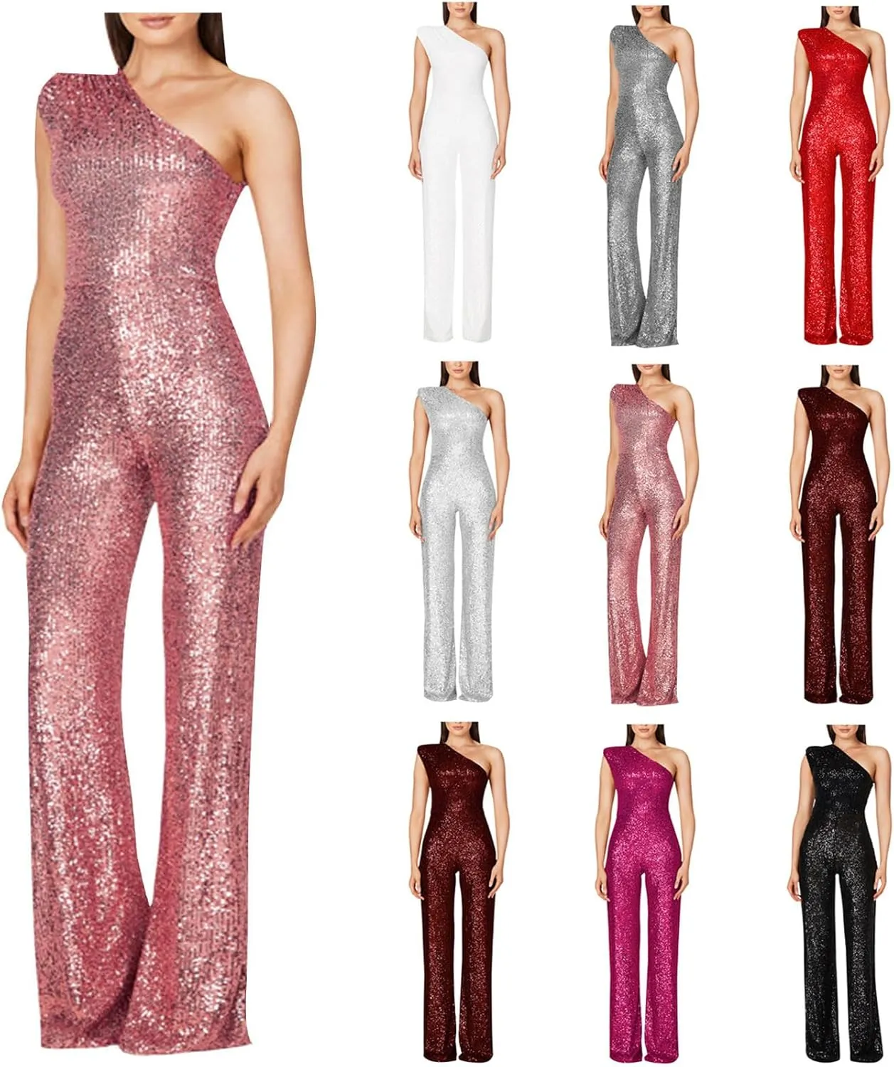 HGps8w Women's Sparkly One Shoulder Jumpsuits Elegant Sequins Sleeveless Bodycon Wide Leg Pants Rompers Sexy Clubwear