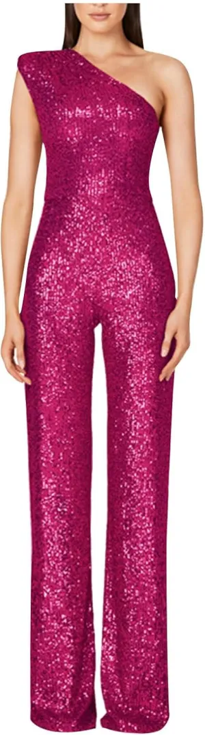 HGps8w Women's Sparkly One Shoulder Jumpsuits Elegant Sequins Sleeveless Bodycon Wide Leg Pants Rompers Sexy Clubwear