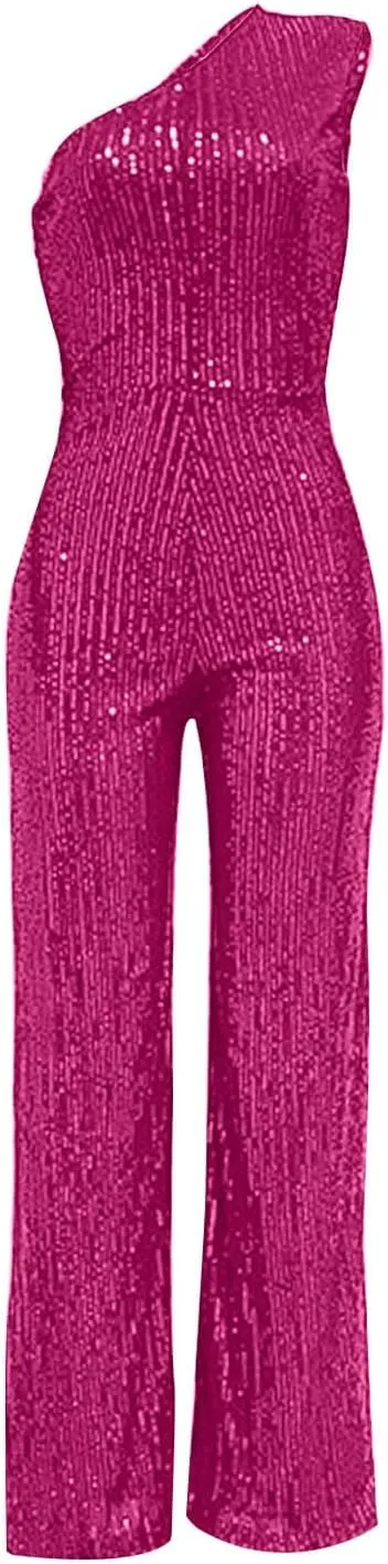 HGps8w Women's Sparkly One Shoulder Jumpsuits Elegant Sequins Sleeveless Bodycon Wide Leg Pants Rompers Sexy Clubwear