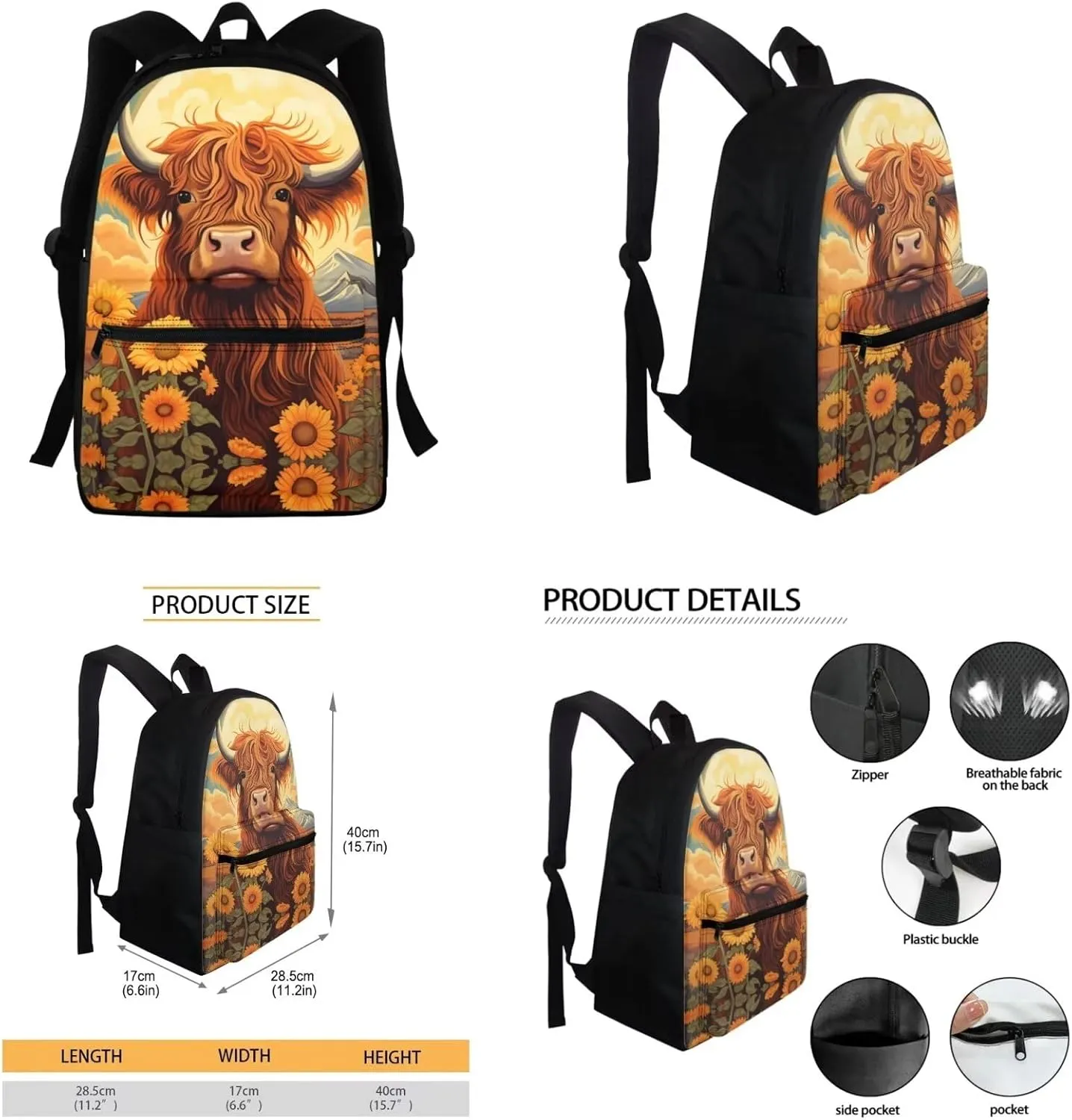 Highland Cow Backpack Purse for Girls with Lunch Box 4-6 6-8 10-12 Teen Girls School Bag Kids Schoolbag Pencil Case Elementary Bookbag Water Bottle Sleeve Kindergarten Preschool