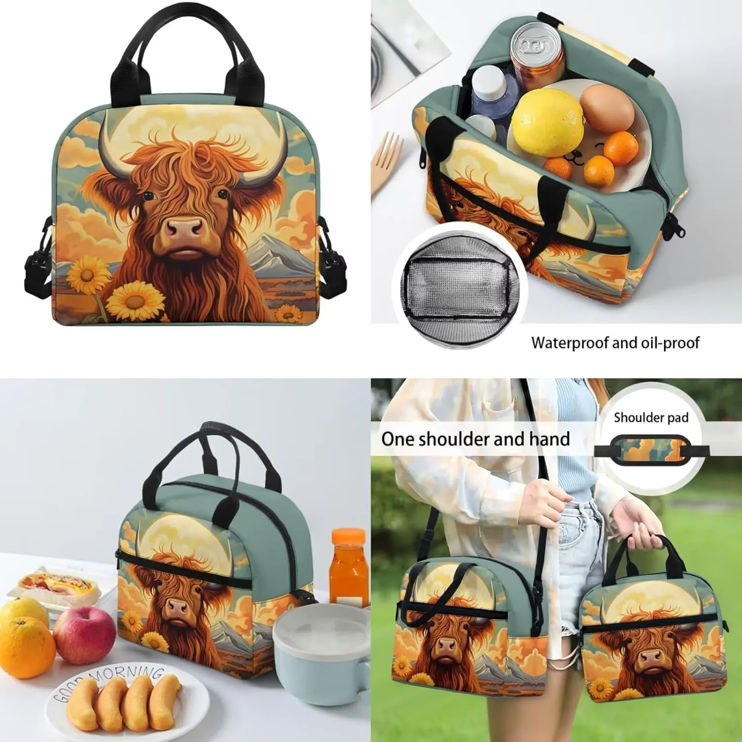 Highland Cow Backpack Purse for Girls with Lunch Box 4-6 6-8 10-12 Teen Girls School Bag Kids Schoolbag Pencil Case Elementary Bookbag Water Bottle Sleeve Kindergarten Preschool