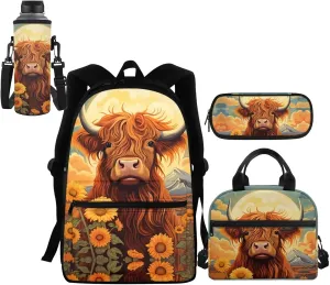 Highland Cow Backpack Purse for Girls with Lunch Box 4-6 6-8 10-12 Teen Girls School Bag Kids Schoolbag Pencil Case Elementary Bookbag Water Bottle Sleeve Kindergarten Preschool