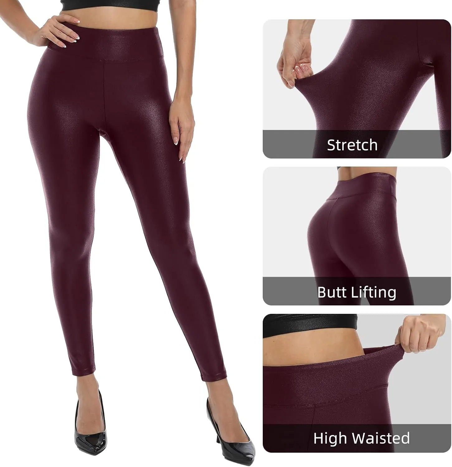 Hody Lovy Faux Leather Leggings for Women Leather Pants Tummy Control Pleather Legging Riding Breeches Tights