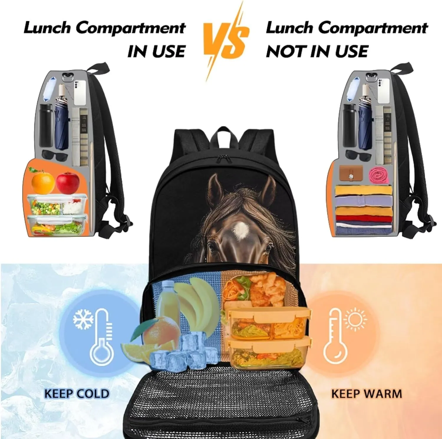 Horse Backpack for Kids School Bag Set with Black Pen Pouch Boys Bookbag with Lunch Box Compartment Laptop Backpack for College High Middle School Work Picnic Beaches