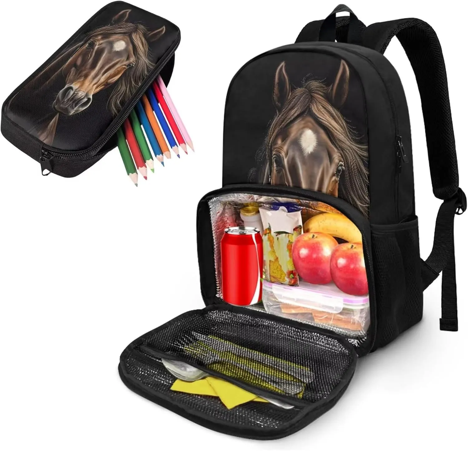 Horse Backpack for Kids School Bag Set with Black Pen Pouch Boys Bookbag with Lunch Box Compartment Laptop Backpack for College High Middle School Work Picnic Beaches
