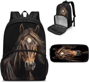 Horse Backpack for Kids School Bag Set with Black Pen Pouch Boys Bookbag with Lunch Box Compartment Laptop Backpack for College High Middle School Work Picnic Beaches