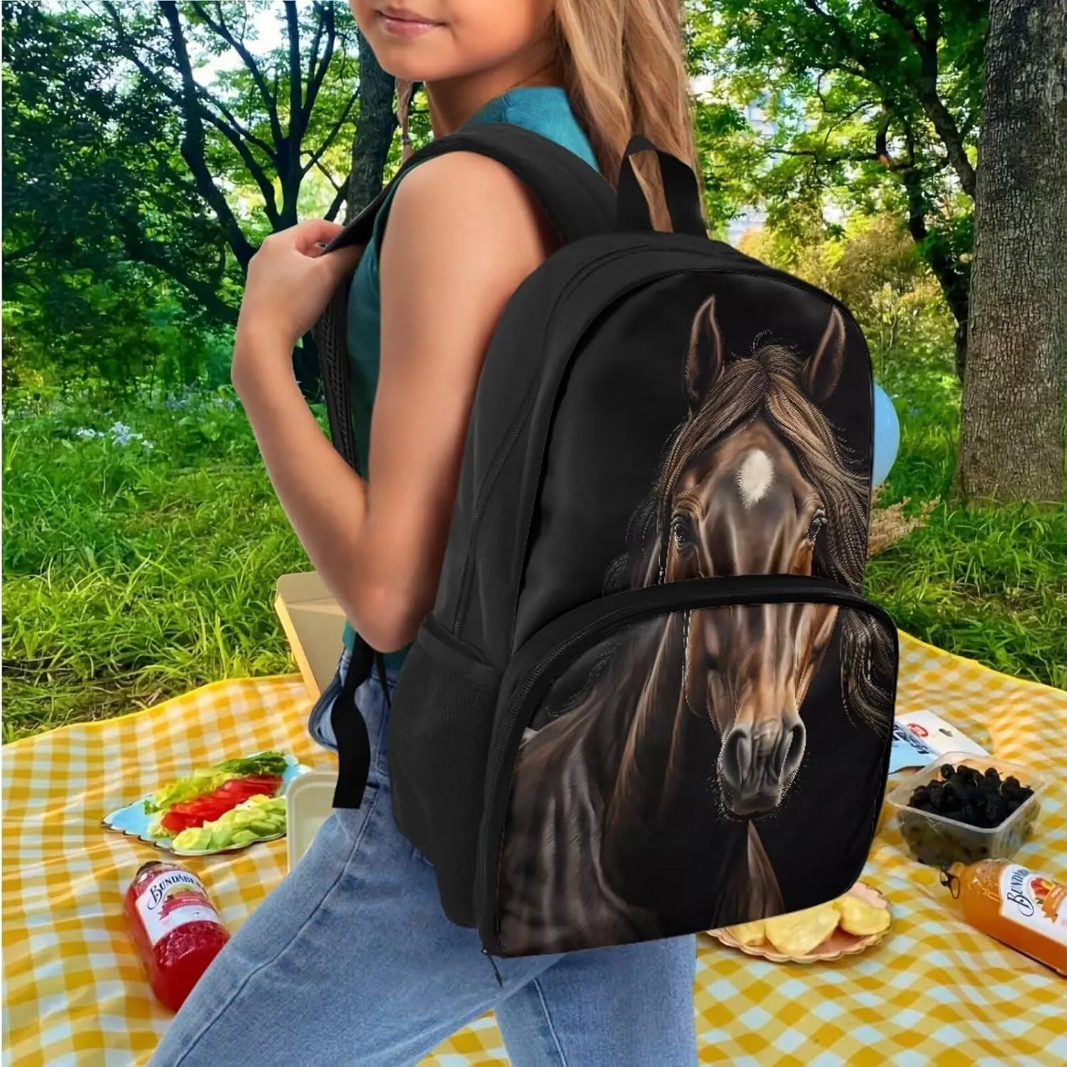 Horse Backpack for Kids School Bag Set with Black Pen Pouch Boys Bookbag with Lunch Box Compartment Laptop Backpack for College High Middle School Work Picnic Beaches