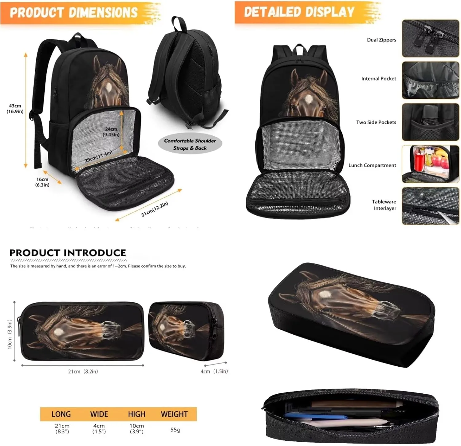 Horse Backpack for Kids School Bag Set with Black Pen Pouch Boys Bookbag with Lunch Box Compartment Laptop Backpack for College High Middle School Work Picnic Beaches