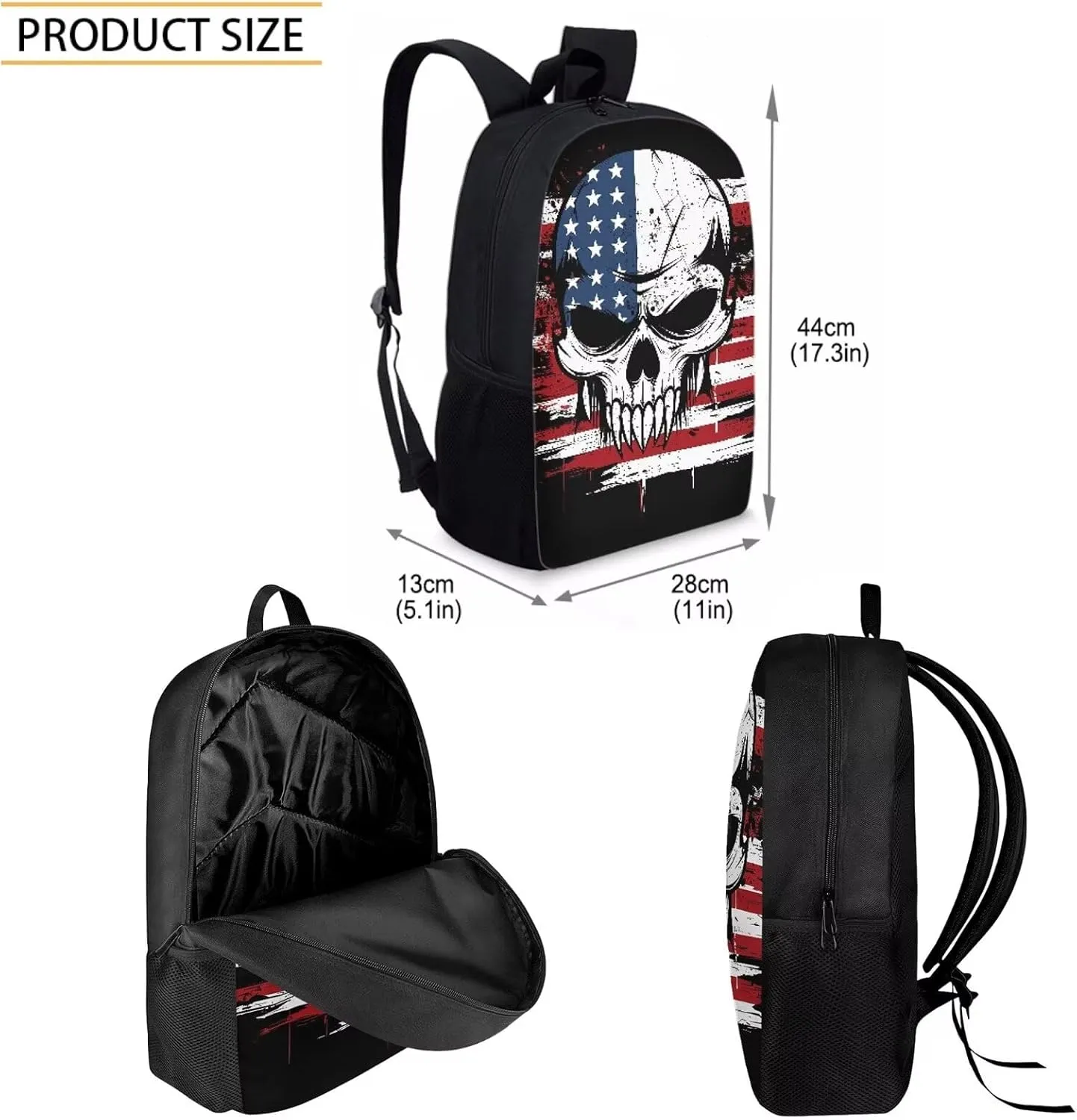 Howilath 17 Inch Backpack Set Teen Girls American Flag Skull Print School Bags Shoulder Bookbag Lunch Box Pencil Case 3 in 1