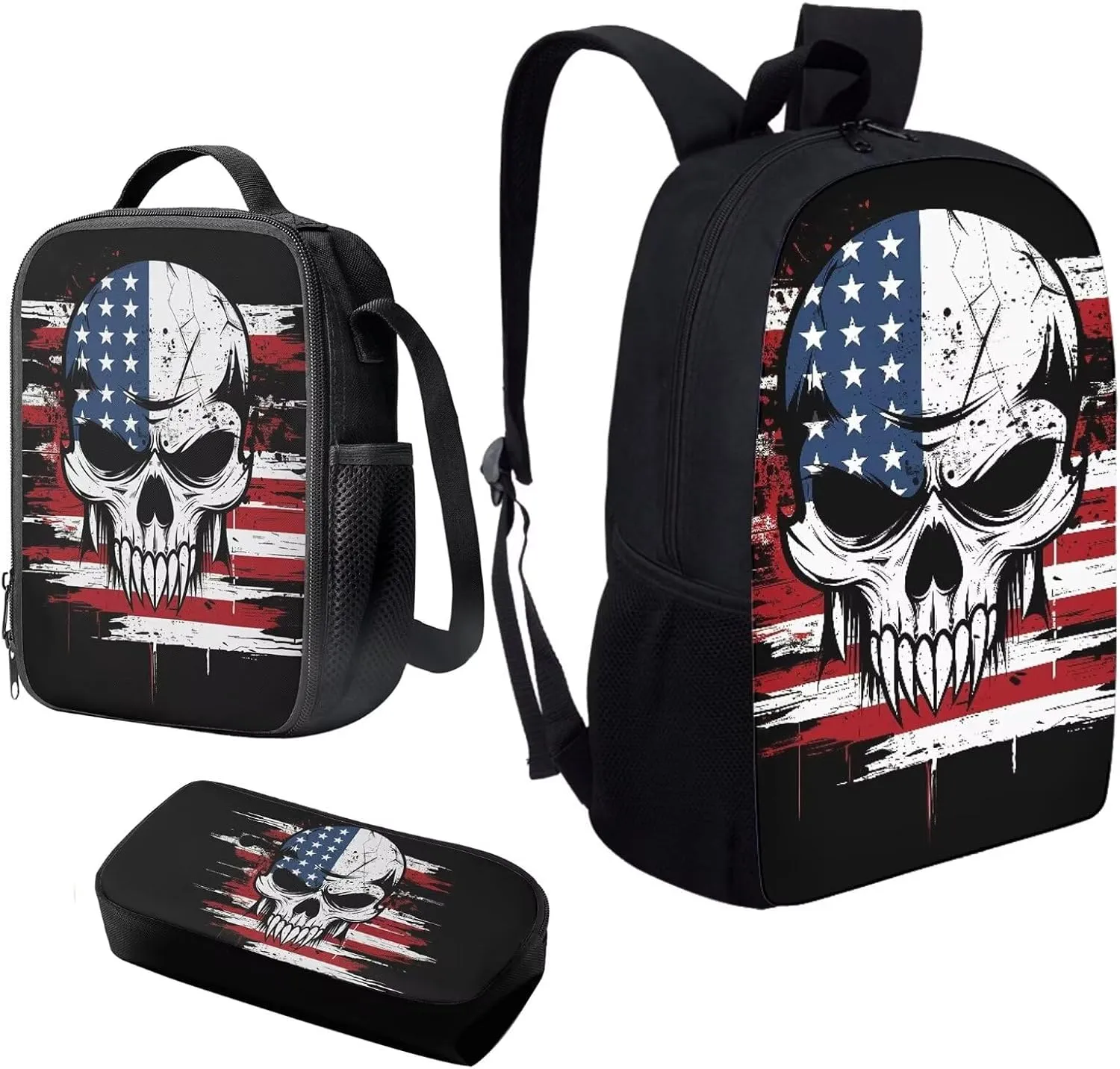Howilath 17 Inch Backpack Set Teen Girls American Flag Skull Print School Bags Shoulder Bookbag Lunch Box Pencil Case 3 in 1