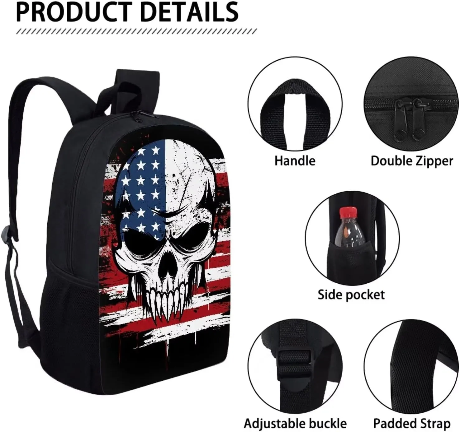 Howilath 17 Inch Backpack Set Teen Girls American Flag Skull Print School Bags Shoulder Bookbag Lunch Box Pencil Case 3 in 1