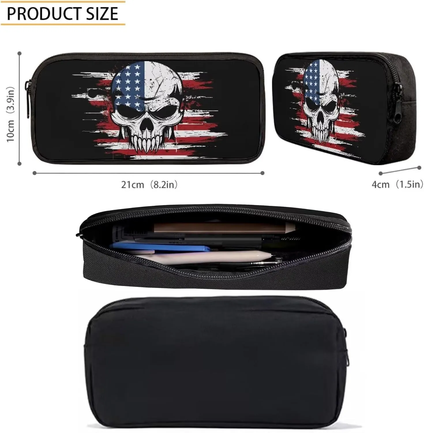 Howilath 17 Inch Backpack Set Teen Girls American Flag Skull Print School Bags Shoulder Bookbag Lunch Box Pencil Case 3 in 1