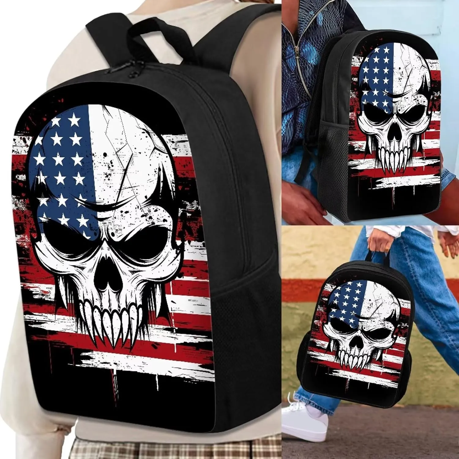 Howilath 17 Inch Backpack Set Teen Girls American Flag Skull Print School Bags Shoulder Bookbag Lunch Box Pencil Case 3 in 1