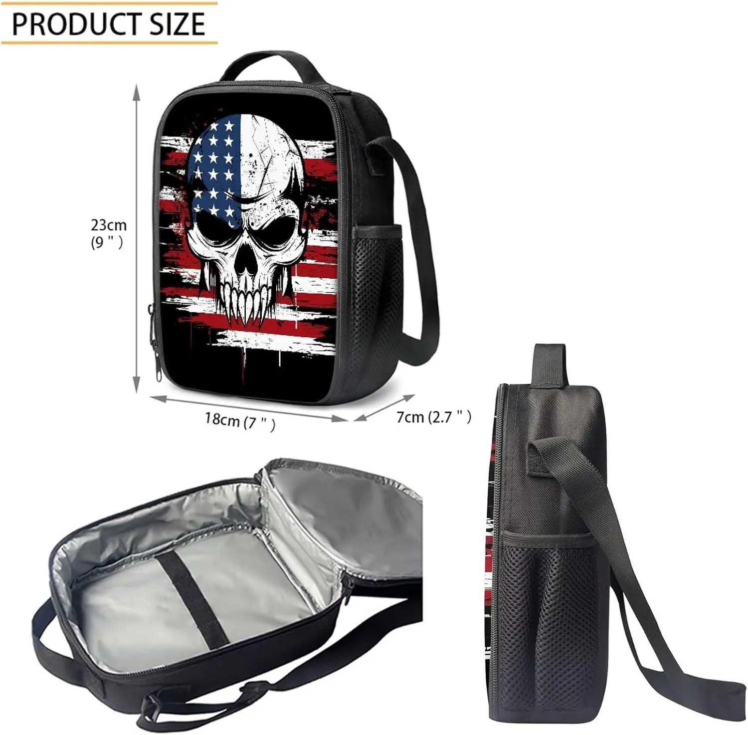 Howilath 17 Inch Backpack Set Teen Girls American Flag Skull Print School Bags Shoulder Bookbag Lunch Box Pencil Case 3 in 1