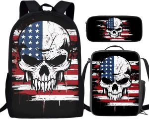 Howilath 17 Inch Backpack Set Teen Girls American Flag Skull Print School Bags Shoulder Bookbag Lunch Box Pencil Case 3 in 1