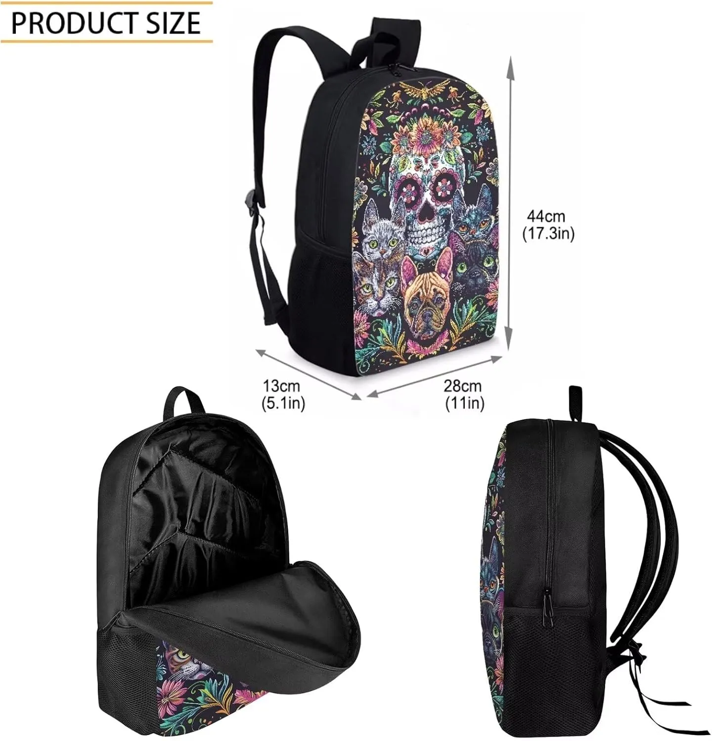 Howilath Backpack for Boys Girls Cute Cats Sugar Skull School Bag Kids Bookbag Teen Backpack Set Daypack with Lunch Bag and Pencil Case