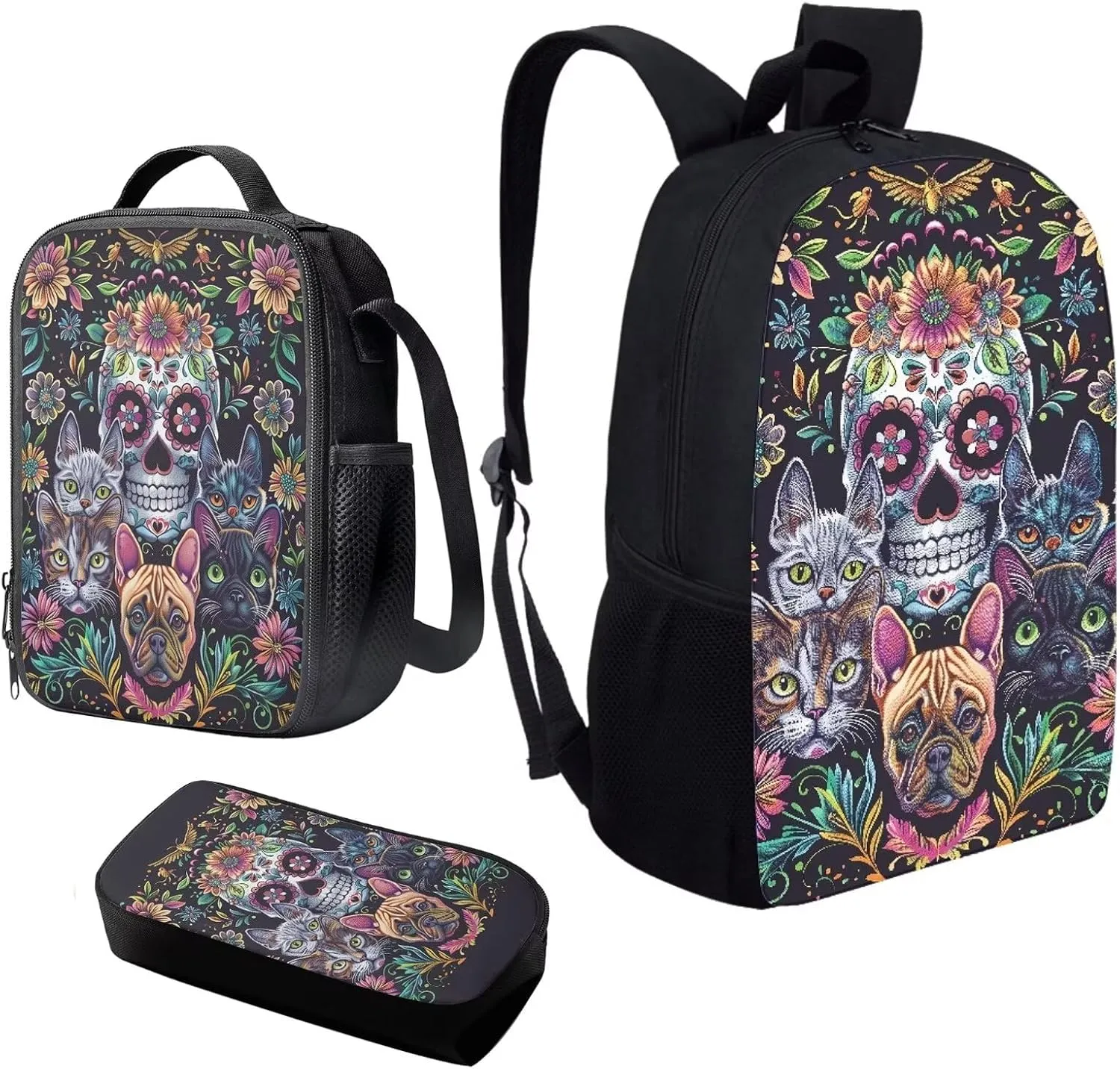 Howilath Backpack for Boys Girls Cute Cats Sugar Skull School Bag Kids Bookbag Teen Backpack Set Daypack with Lunch Bag and Pencil Case