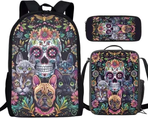 Howilath Backpack for Boys Girls Cute Cats Sugar Skull School Bag Kids Bookbag Teen Backpack Set Daypack with Lunch Bag and Pencil Case