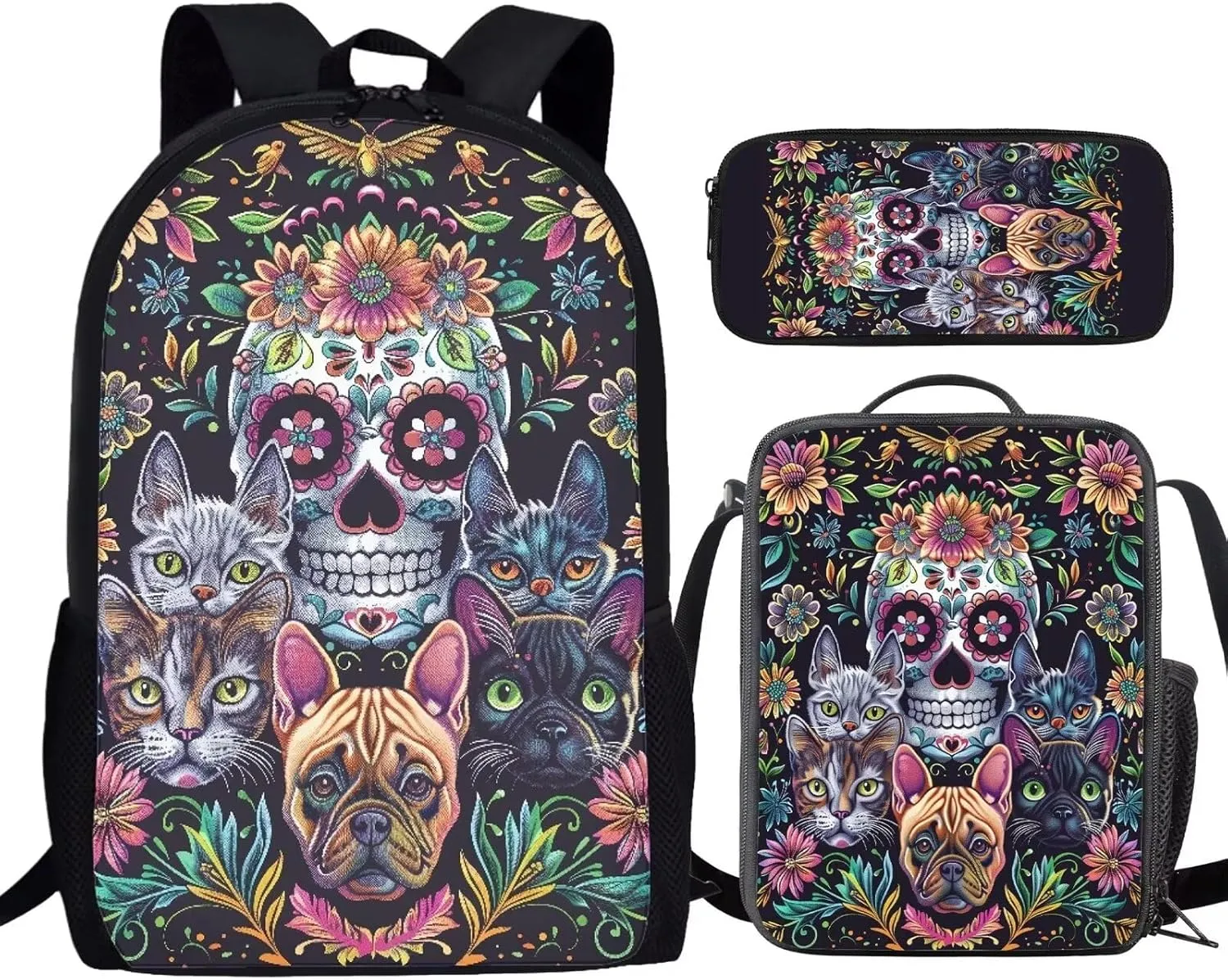 Howilath Backpack for Boys Girls Cute Cats Sugar Skull School Bag Kids Bookbag Teen Backpack Set Daypack with Lunch Bag and Pencil Case