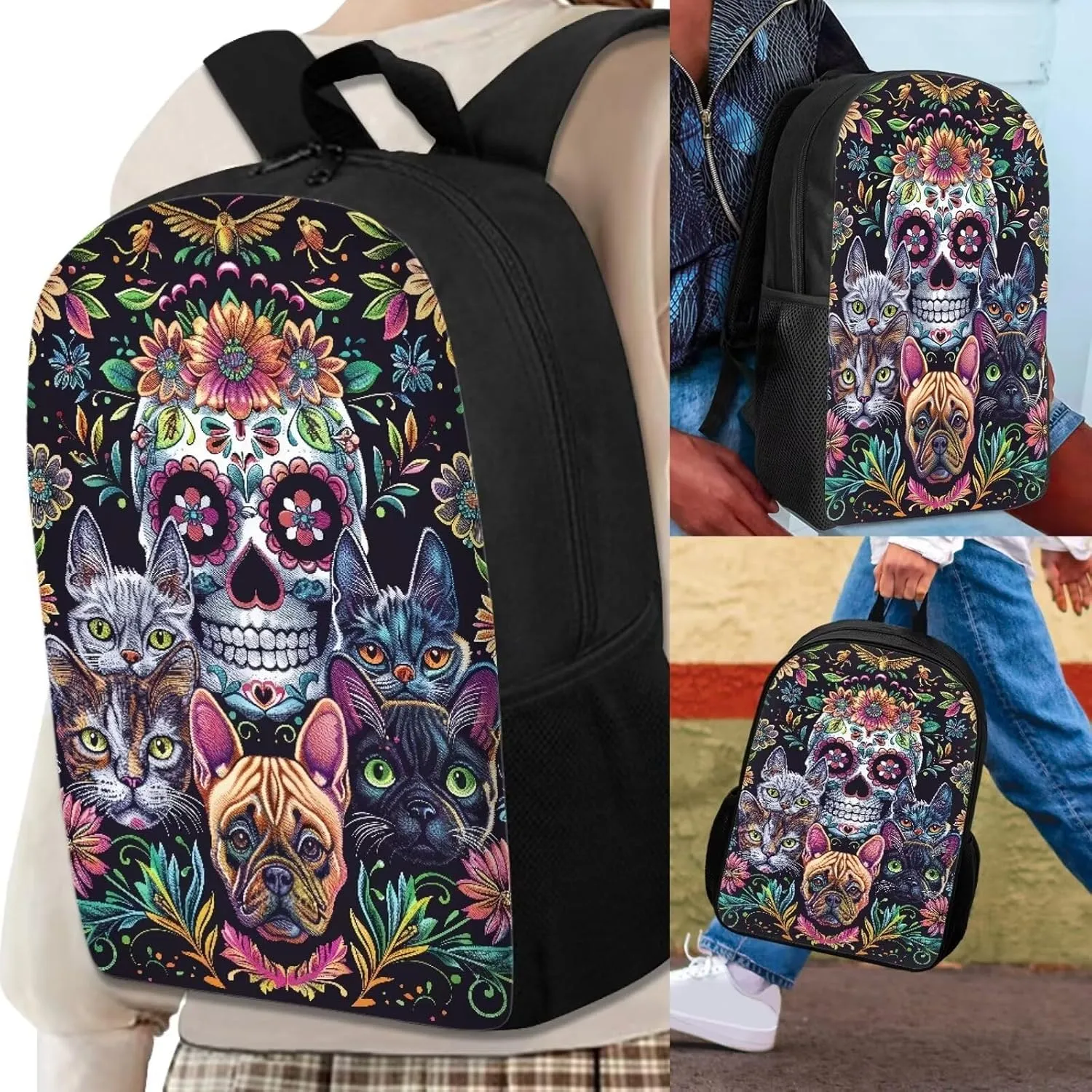 Howilath Backpack for Boys Girls Cute Cats Sugar Skull School Bag Kids Bookbag Teen Backpack Set Daypack with Lunch Bag and Pencil Case