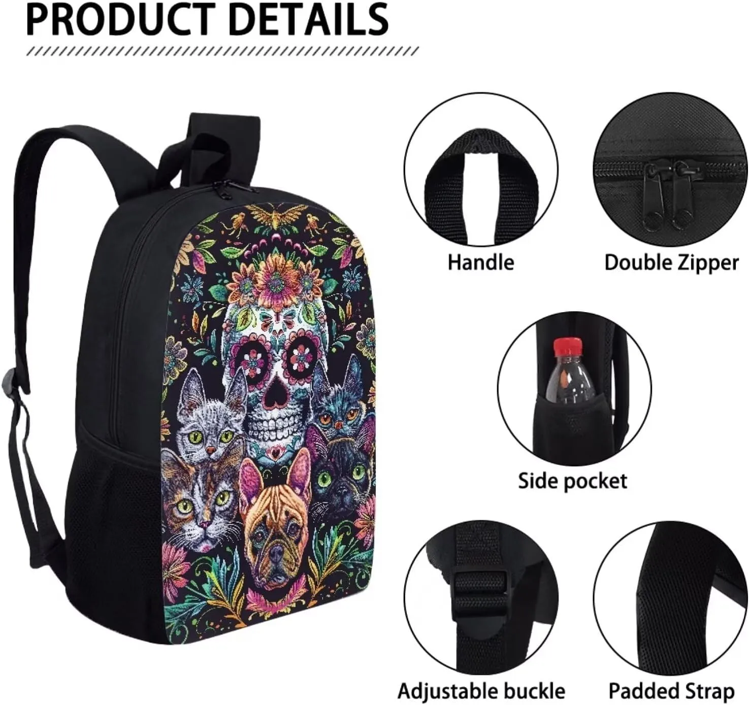 Howilath Backpack for Boys Girls Cute Cats Sugar Skull School Bag Kids Bookbag Teen Backpack Set Daypack with Lunch Bag and Pencil Case