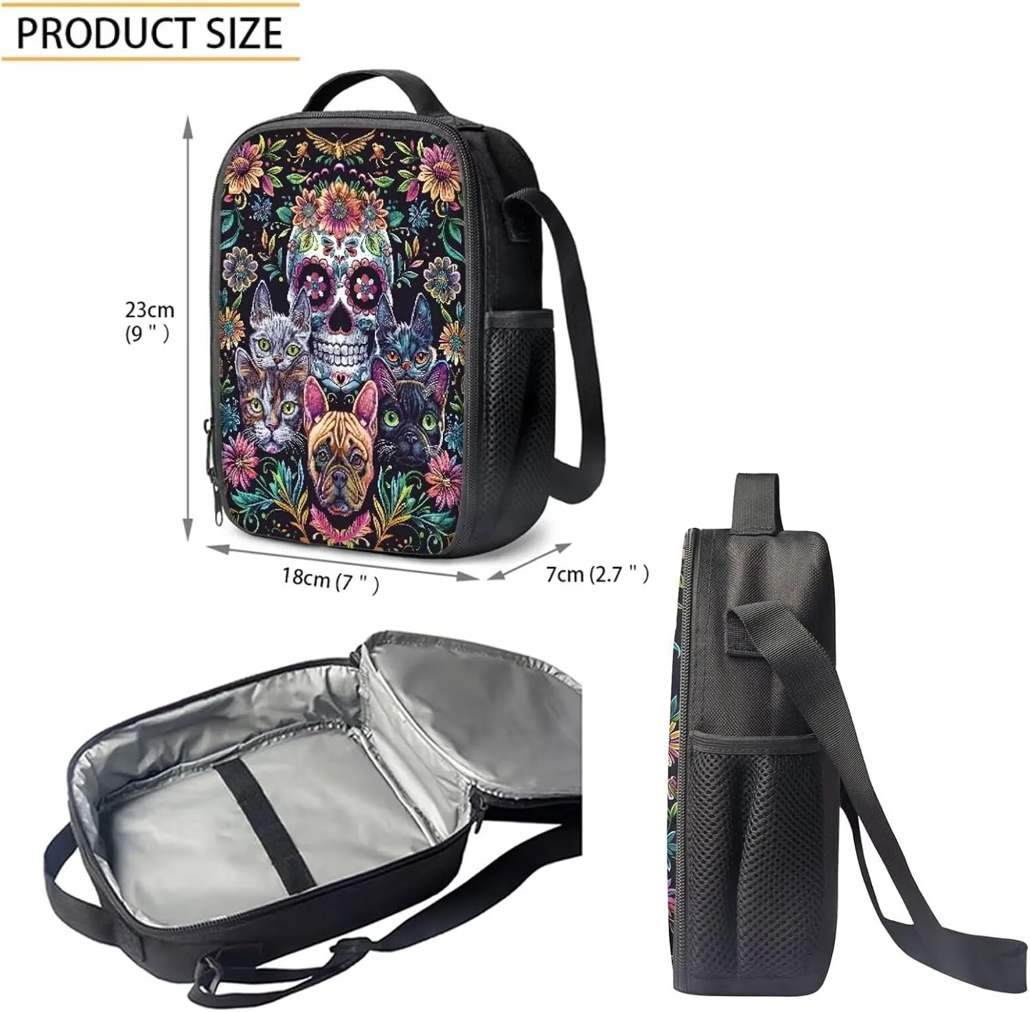 Howilath Backpack for Boys Girls Cute Cats Sugar Skull School Bag Kids Bookbag Teen Backpack Set Daypack with Lunch Bag and Pencil Case