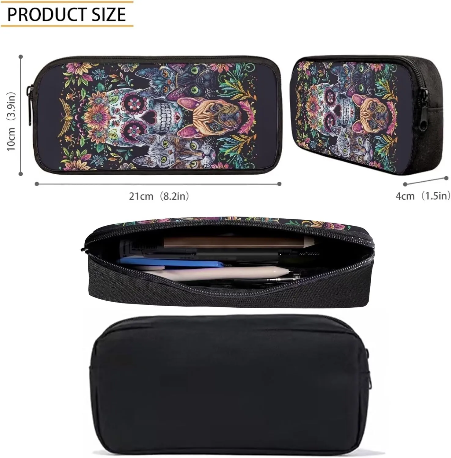 Howilath Backpack for Boys Girls Cute Cats Sugar Skull School Bag Kids Bookbag Teen Backpack Set Daypack with Lunch Bag and Pencil Case