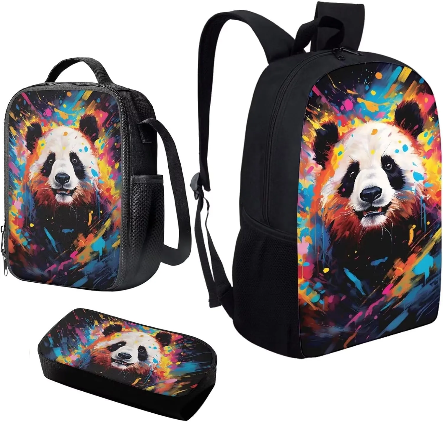 Howilath Backpack for Boys Girls Cute Graffiti Panda Pattern School Bag Kids Bookbag Teen Backpack Set Daypack with Lunch Bag and Pencil Case