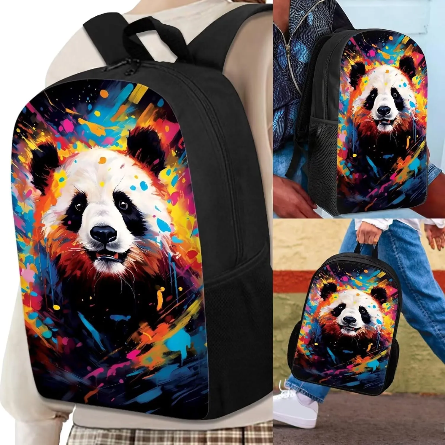 Howilath Backpack for Boys Girls Cute Graffiti Panda Pattern School Bag Kids Bookbag Teen Backpack Set Daypack with Lunch Bag and Pencil Case